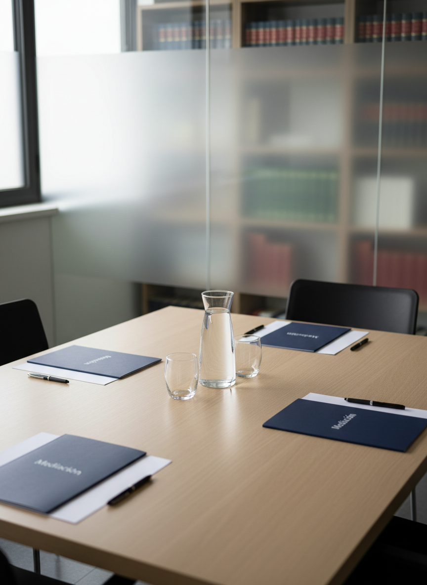A modern, uncluttered meeting table prepared for a mediation session, without any people, showing three neatly arranged legal pads, identical dark blue folders labeled “Mediación” in discrete text, and a central glass carafe of water with two half-filled tumblers. The table is a smooth light oak surface, set in a bright, contemporary conference room with frosted glass walls and a distant, softly blurred view of law books. Diffused daylight from a large side window creates an even, flattering light with minimal shadows, emphasizing clarity and neutrality. The mood is balanced and reassuring, suggesting constructive dialogue. Photographic realism, shot from a slightly elevated angle with a clean, minimalist aesthetic and sharp focus on the table elements while the background gently fades.