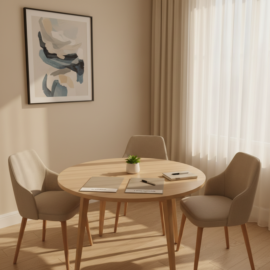 An elegant family mediation space with no people present, featuring a round, light-wood table with a smooth matte finish, three cushioned chairs slightly pulled back, and a small centerpiece of a simple green plant in a white ceramic pot. On the table lie two neutral-toned folders labeled “acuerdo” and “conciliación,” along with a closed notebook and a pen aligned precisely. The room’s walls are soft beige, with a framed abstract print in muted blues and grays. Warm afternoon light filters through sheer curtains, casting gentle, elongated shadows and a welcoming glow. Photographic realism, eye-level composition with moderate depth of field, clean and modern aesthetic. The mood is calm and hopeful, ideal for illustrating family orientation, mediation, and reconciliation.