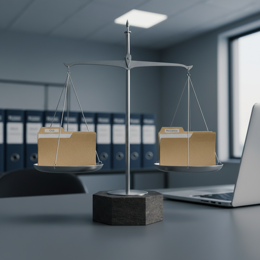 A close-up of a carefully balanced set of metallic scales of justice made from brushed stainless steel, standing on a dark stone base atop a graphite-colored desk. One side of the scales holds a neat stack of small, labeled folders reading “Civil” while the other holds “Mercantil,” both in subtle, non-distracting fonts, perfectly level to symbolize equilibrium. Behind the scales, there is a softly out-of-focus row of navy binders and a discrete, closed laptop. Cool, diffused office lighting from above and a distant window creates soft highlights along the metal edges and gentle, professional shadows. Photographic realism, centered composition with shallow depth of field, conveying fairness, balance, and rigorous legal professionalism in a civil and commercial law context.