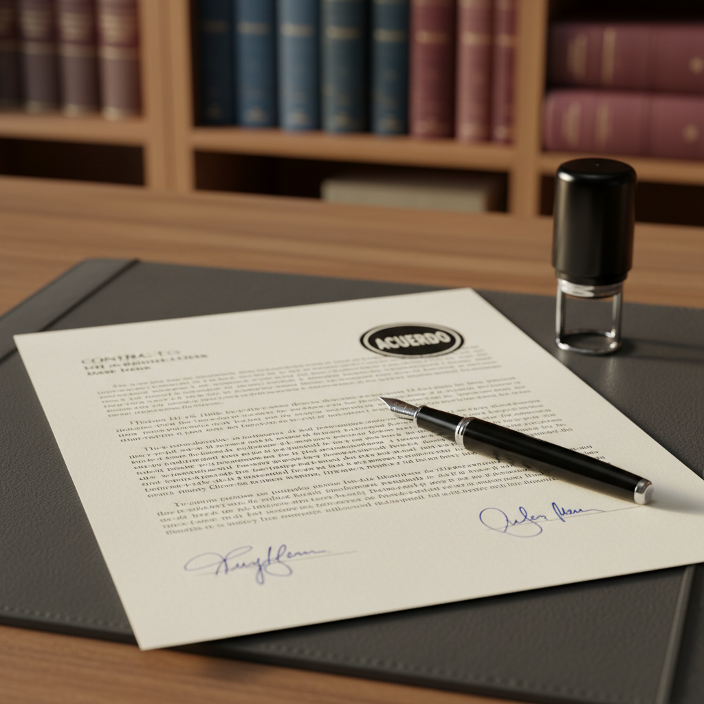 A detailed close-up of a signed civil contract resting on a refined charcoal-grey desk blotter, the signatures clearly visible but names indistinct, with precise, orderly paragraphs of text running down the page. Beside it lies an elegant black and chrome fountain pen with a slightly reflective barrel, and a discreet rubber stamp marked “acuerdo” placed at a diagonal angle. The background shows an out-of-focus shelf with civil and mercantile law books in deep blues and burgundies. Soft, directional light from the left mimics late-afternoon office lighting, creating subtle contrast and highlighting the texture of the paper and ink. Photographic realism, shot from a slightly elevated close-up angle, with shallow depth of field. The mood is decisive and reassuring, emphasizing successful resolution and formalized agreements in civil and mercantile matters.