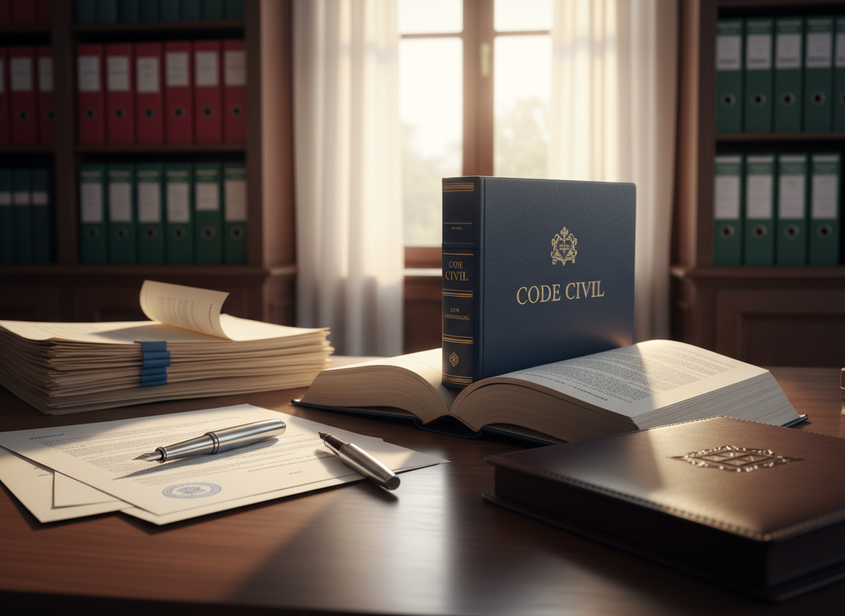 A meticulously organized law office desk without any people, featuring an open dark blue civil law code book with fine gold-embossed lettering, a neat stack of cream-colored legal documents with visible but unreadable text, and a polished silver fountain pen resting across a leather portfolio. The desk surface is rich walnut wood with a subtle satin sheen, positioned near a large window that allows soft morning daylight to wash over the scene. Light creates gentle reflections on the pen and highlights the texture of the paper. In the softly blurred background, shelves with binders labeled “civil” and “mercantil” add context. Photographic realism, eye-level composition with shallow depth of field, calm and professional mood suitable for a civil law website.